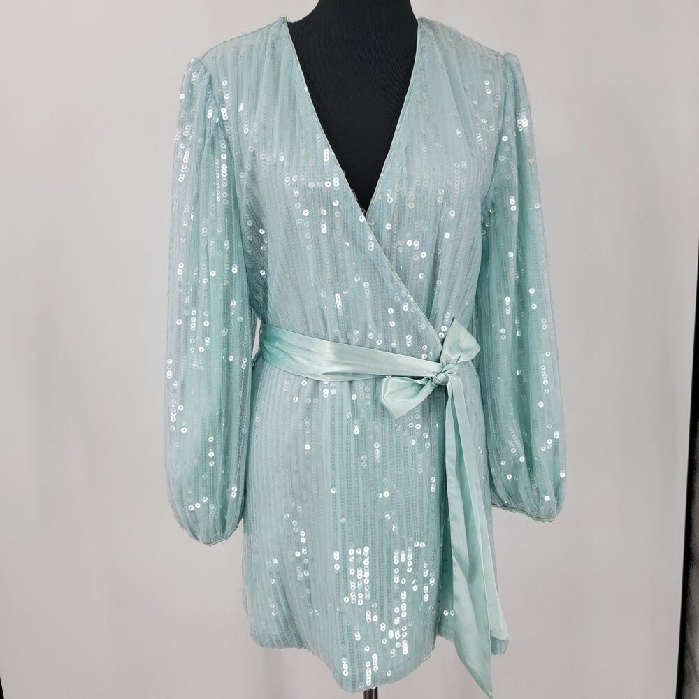 Skylar Rose Womens S Seafoam Sequin Wrap Mini Dress Long Sleeve Party NWT